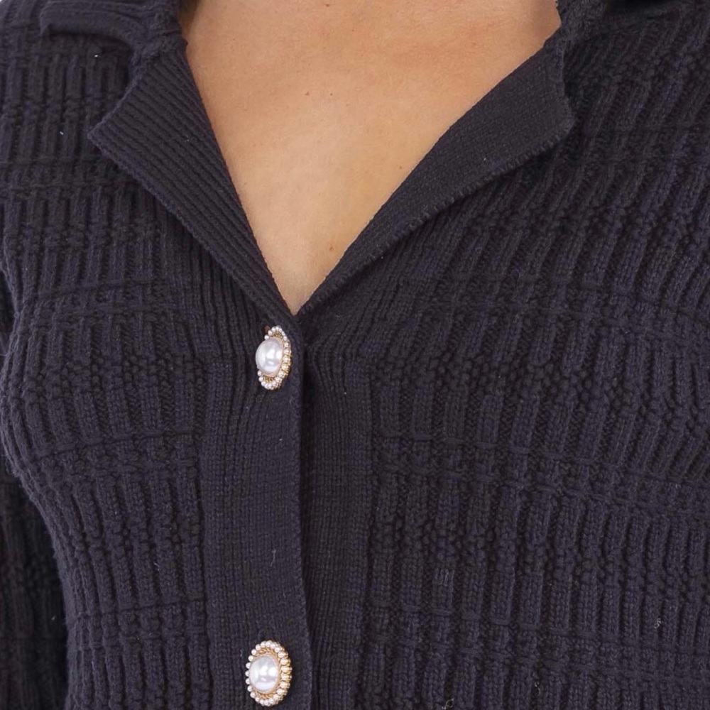 931. Black Ribbed Button-Up Sweater - Picture 2 of 3